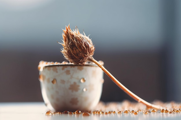 Dry flower on a cup of coffee with water drops