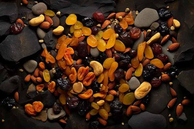 Photo dry fruits image on a dark stone background