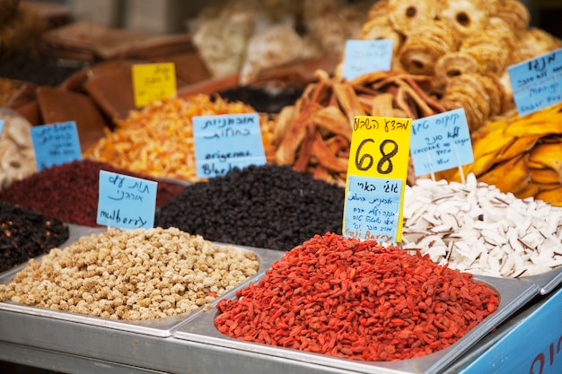 Dry fruits on the market in Jerusalem, Israel