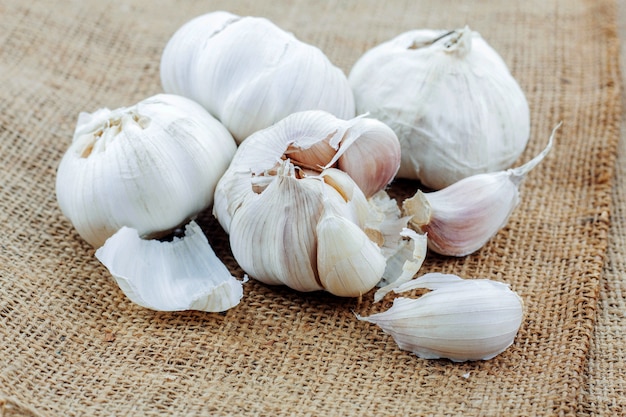 Dry garlic on the old sack.