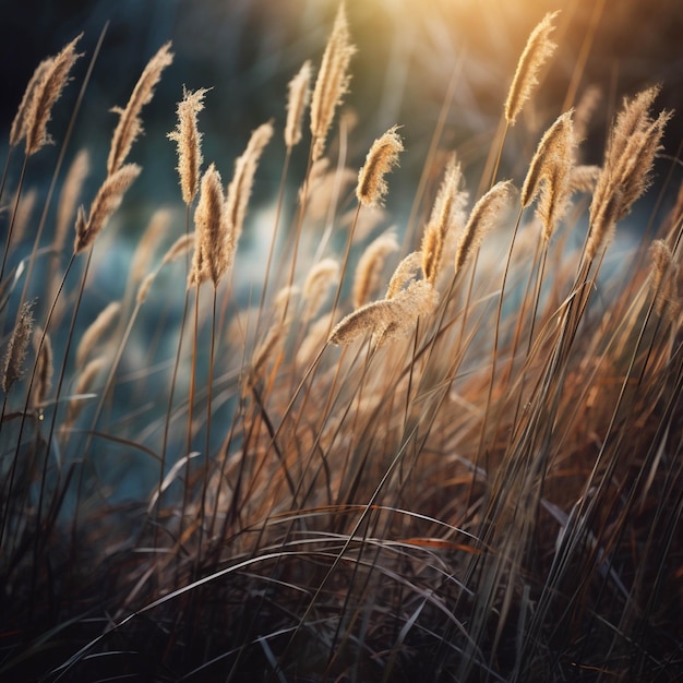 Dry grass in the rays of the setting sun Shallow depth of field