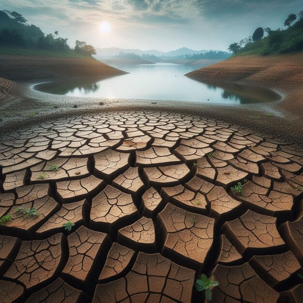 a dry lake with a water hole in the middle