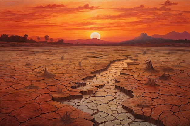 Dry land at sunset representing drought and lack of water climate change concept Generative AI