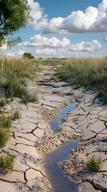 Photo dry landscape with cracked earth and a small water channel