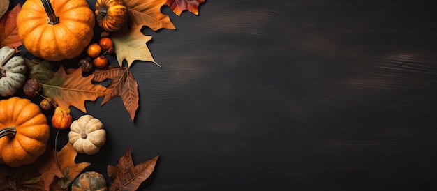 dry leaves and a pumpkin on a blackboard It is a flat lay view with space to add text It is suitable