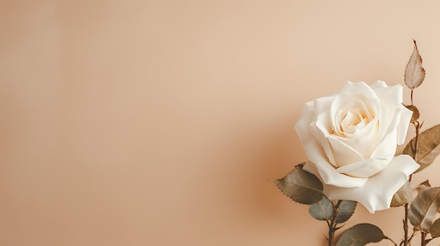 Dry leaves with flower white rose close up with copy space flat surface