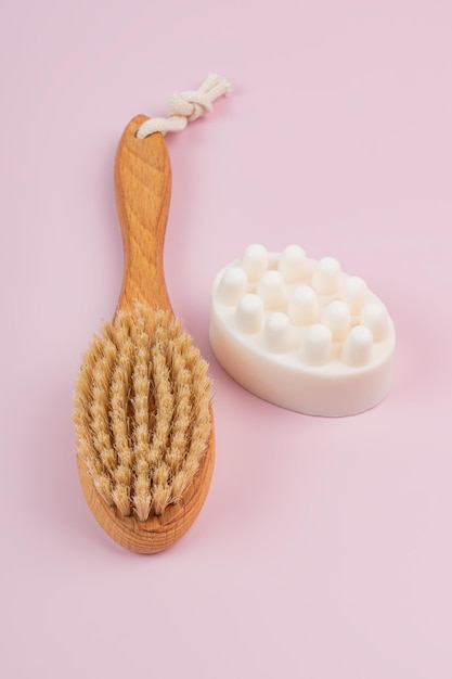 Dry massage brush with natural bristle and vanila and honey massaging soap bar for SPA procedures at home Skin care