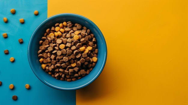 Photo dry pet food cat food in a blue bowl on a blue and yellow background generative ai