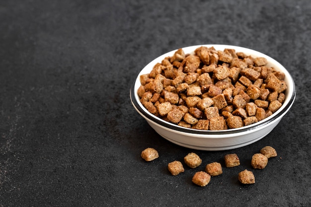 Dry pet food in a white ceramic bowl on black background with copy space