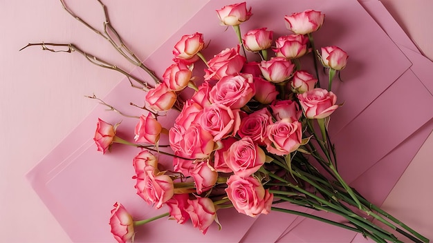 dry pink rose flowers on pink background floral composition flat lay top view copy space