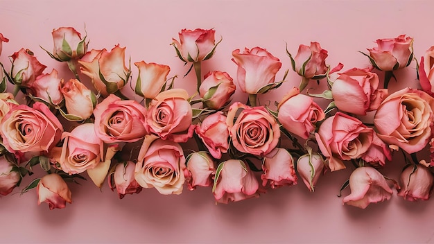 dry pink rose flowers on pink background floral composition flat lay top view copy space