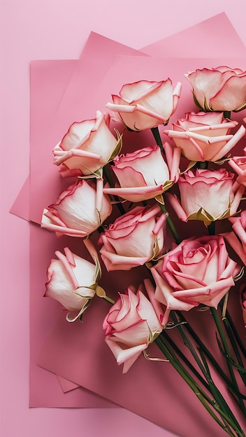 dry pink rose flowers on pink background floral composition flat lay top view copy space