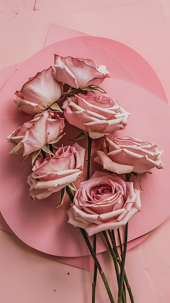 dry pink rose flowers on pink background floral composition flat lay top view copy space