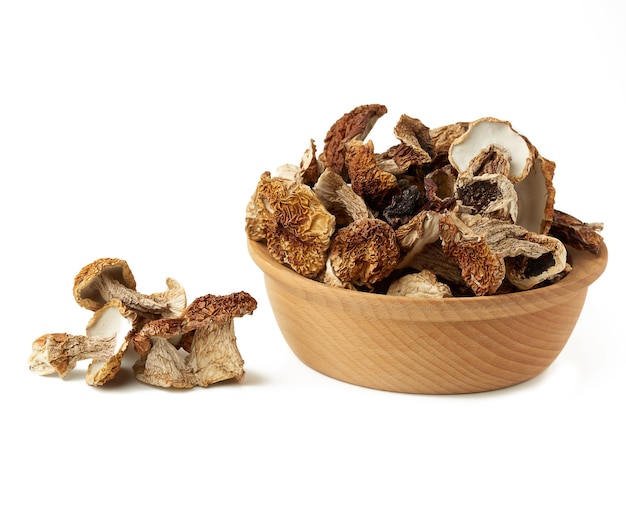 Dry porcini mushrooms in wooden bowl