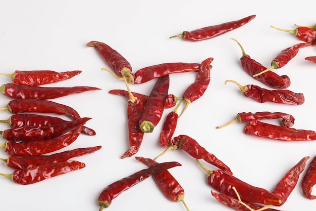 Dry red chilly on white background.