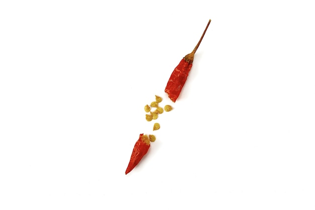 Dry red hot chili peppers texture background, Dried red Karen chili is traditional Asia chili (Prik Ka Reang) on white background