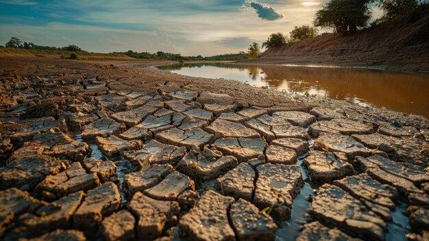 Dry riverbed depicting drought and climate change realistic image of cracked earth and scant water