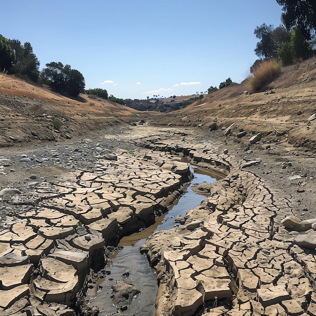 A dry riverbed that once flowed strongly now cracked and barren during El Nino