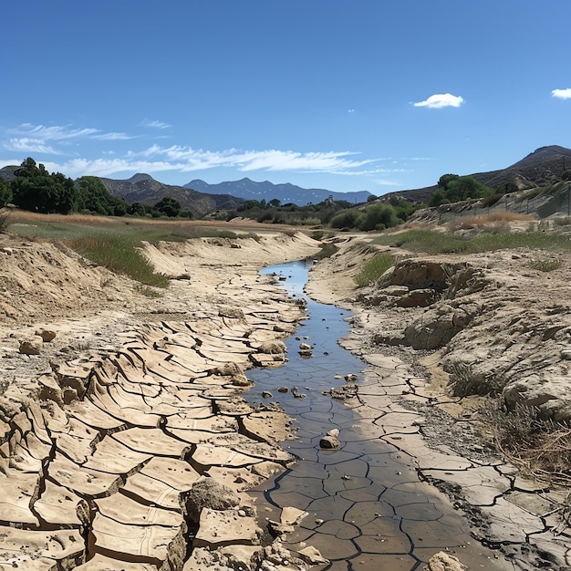 A dry riverbed that once flowed strongly now cracked and barren during El Nino