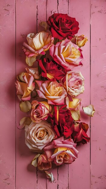 Dry roses on a wooden pink background