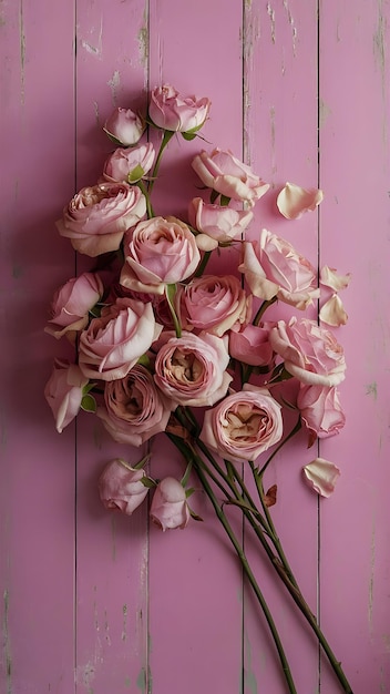 Dry roses on a wooden pink background