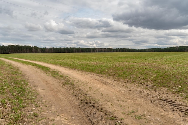 A dry sandy road passes through a field under the scorching sun and clouds Dirt road outside the city in the village Arid climate on earth Climate change and its consequences