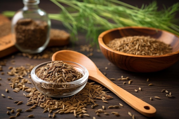 Dry seeds of cumin and cumin on the background closeup of cumin spice