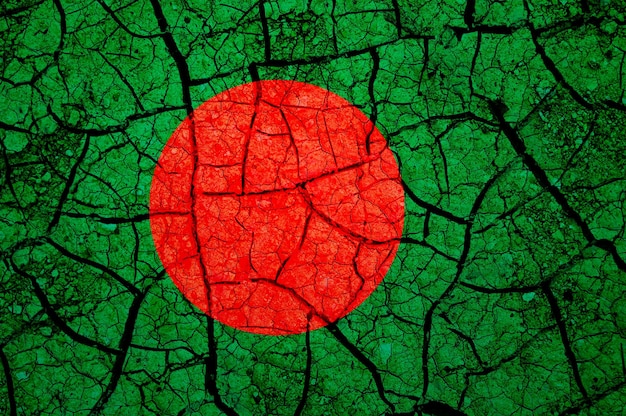 Dry soil pattern on the flag of Bangladesh. Country with drought concept. Water problem. Dry cracked