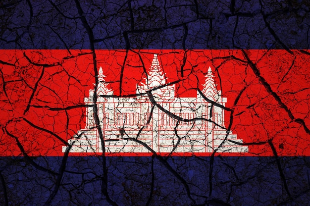 Dry soil pattern on the flag of Cambodia. Country with drought concept. Water problem. Dry cracked