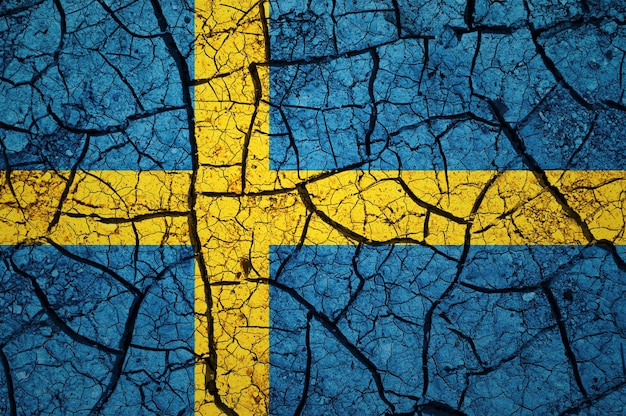 Dry soil pattern on the flag of Sweden. Country with drought concept. Water problem.