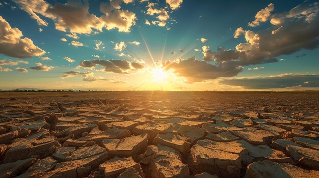 Dry spell area at sunset with cracked earth under dramatic clouds