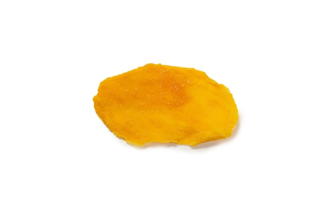 Dry tasty mango slices isolated on a white background. Top view.