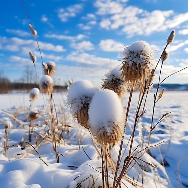 Dry thistle in the snow on a background of blue sky