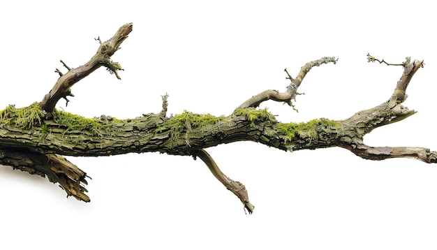 Dry tree branch with moss isolated on white