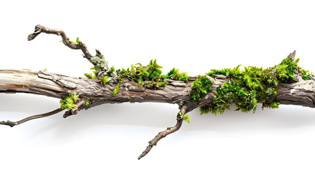 Dry tree branch with moss isolated on white