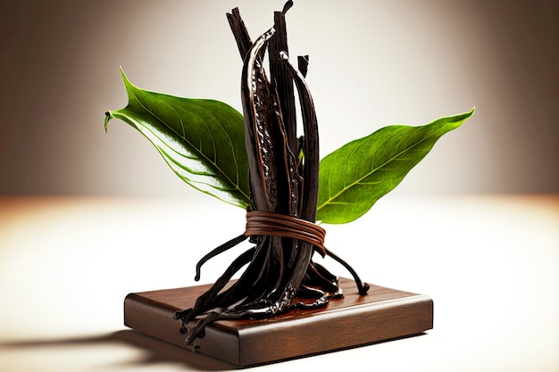 Dry vanilla beans on stand with green leaf