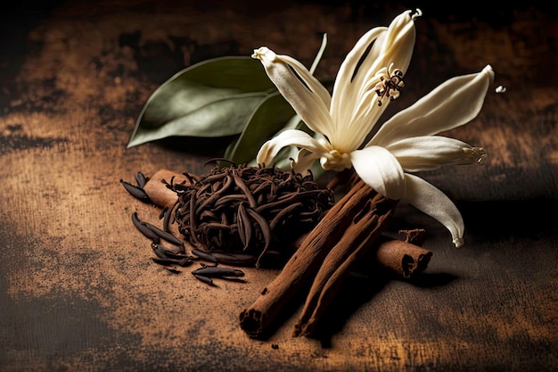 Dry vanilla beans with sweet white flower aroma