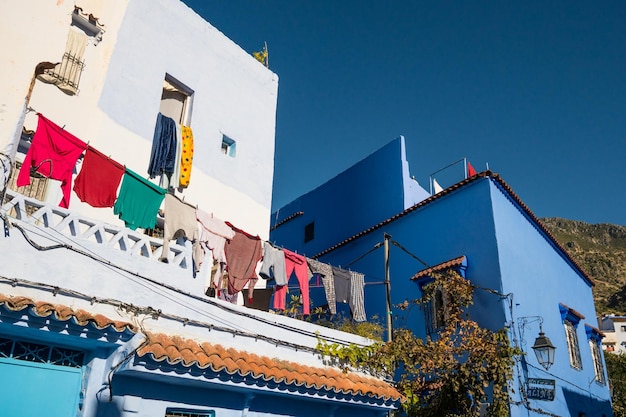 Drying clothes on the terrace in Chefchaouen city in Morocco