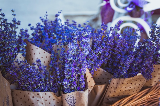 A drying room lavender. Dried bunches of lavender hanging on string.