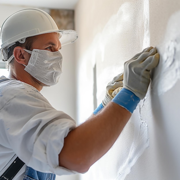 Photo drywall worker or plasterer applying mesh tape for repairs