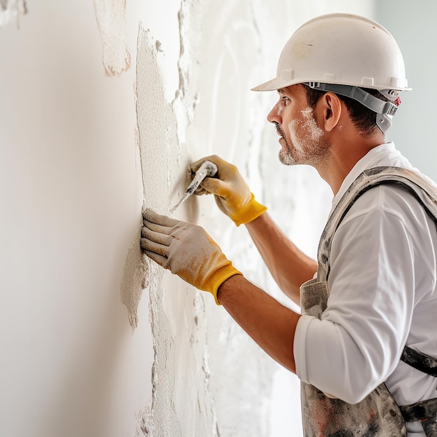 Photo drywall worker or plasterer applying mesh tape for repairs