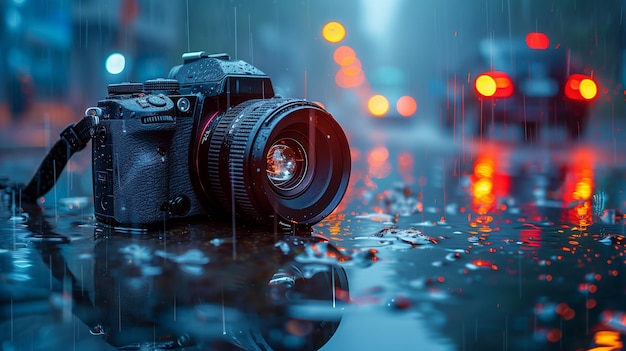 A DSLR Camera Sitting in a Puddle of Rain at Night