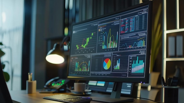 Dual monitors displaying vibrant financial graphs and data in a dark office