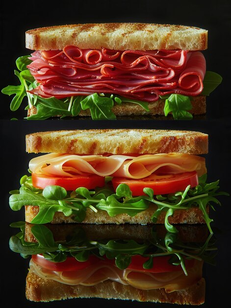 Photo dual sandwiches with diverse layers of cold cuts vegetables and greens