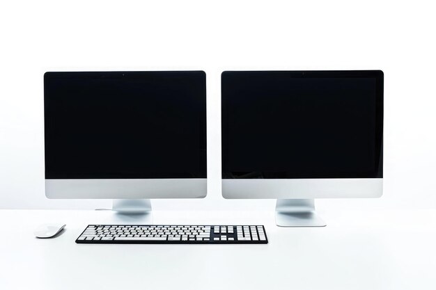 Photo dual sleek monitors and ergonomic keyboard setup for a creative workspace in a modern office