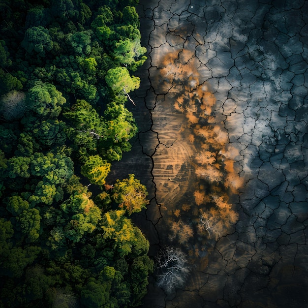 Photo the duality of climate change a contrast between lush forests and barren lands depicting the urgen