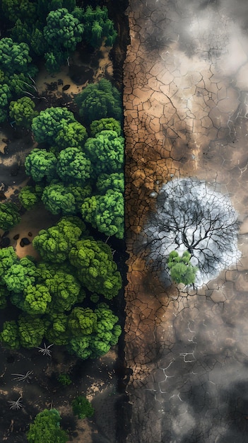 Photo the duality of climate change a contrast between lush forests and barren lands depicting the urgen