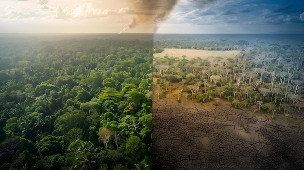 Photo the duality of climate change a contrast between lush forests and barren lands depicting the urgen