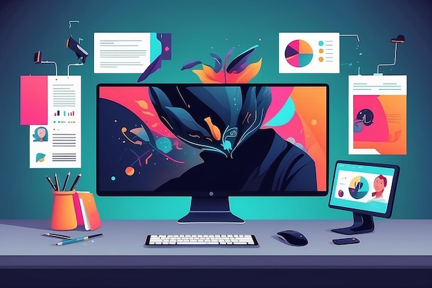 DualScreen Creative Design Workspace Vector Illustration