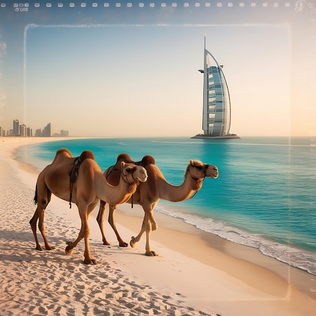 Photo dubai beach camels passing by on a dubai jumeirah beachdubai beach background